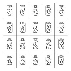 Illustration of various cylindrical objects with different patterns and textures in a grid layout