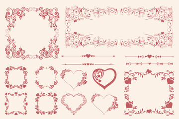 Hearts set for wedding and valentine design. Collection heartsframe. Ornamental Frame Design Retro Aesthetic Border. I love you! Valentine's Celebration background with hearts and place for your text.