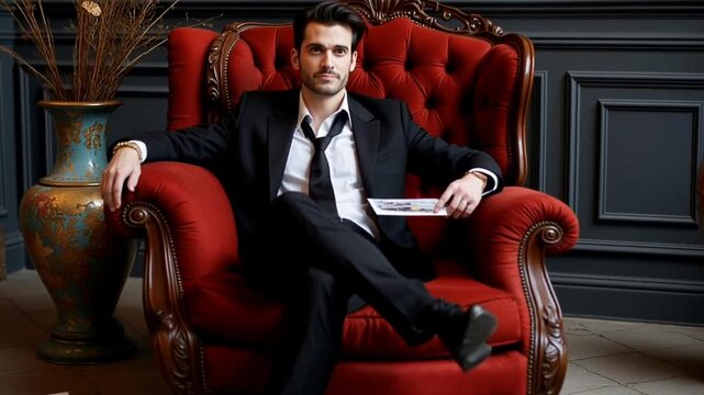 young business boss rich man sitting on sofa 