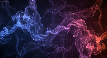 An abstract image features swirling, ethereal smoke-like forms in gradient hues of blue, purple, and red against a dark background