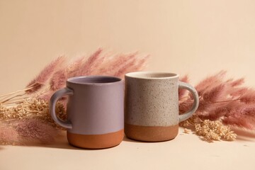Two ceramic mugs with dried flowers on beige background