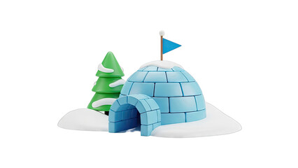 3D Igloo with Snowy Christmas Tree and Flag