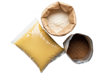 Assortment of dry food ingredients including millet, flour, and buckwheat in separate paper and plastic packaging, isolated on transparent background