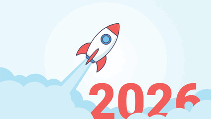 Rocket launching through clouds with 2026 text, symbolizing future and growth