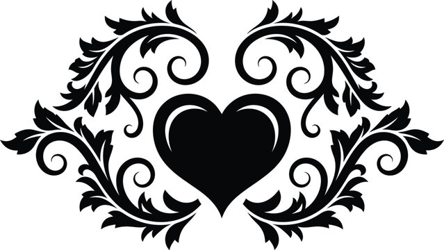 Ornate heart silhouette with vintage filigree leaf scrolls and decorative baroque flourish elements for romantic designs and elegant invitations.