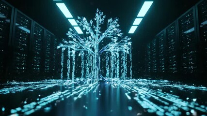 Digital tree glows in server room with circuit branches flowing data streams. Holographic tree in data center shows network. Digital technology tree with server racks. Data flows through tree. - Powered by Adobe