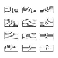Geological formations illustrated in a series of simple diagrams showcasing various types of rock layers and fractures.