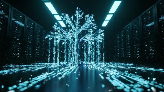 Digital tree glows in server room with circuit branches flowing data streams. Holographic tree in data center shows network. Digital technology tree with server racks. Data flows through tree.