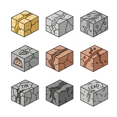Collection of various metal ingots and blocks in different textures and labels