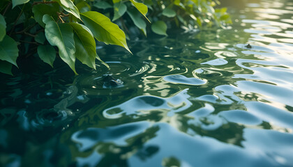Fresh Green Leaves Floating on Calm Water Surface with Natural Light