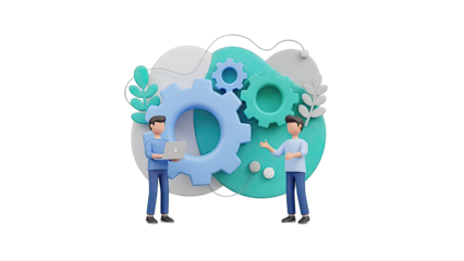 3D Illustration of Two Men Discussing Business with Gears