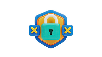 3D Lock Icon with 'X' Symbols on Shield