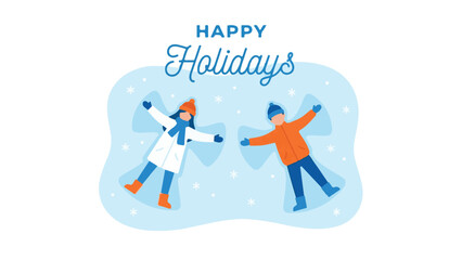Happy Holidays vector illustration with kids making snow angels in snow