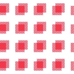 A seamless geometric pattern with overlapping red and white diagonally striped squares on a clean white background. Ideal for textile designs, backgrounds, or graphic projects.