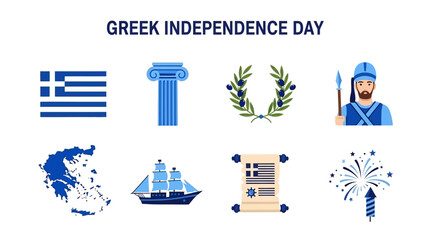 Eight blue and white icons celebrating Greek Independence Day