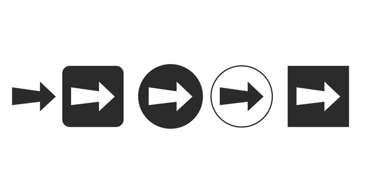 Right arrow button icon set for web navigation and UI design | Vector pack of next and forward directional symbols in various shapes | Black and white solid arrow sign entry point graphic element