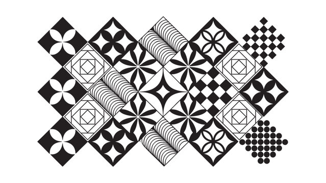 Abstract monochromatic geometric pattern design showcasing floral stars and optical illusion shapes within diamond tiles, perfect for retro fabric prints, minimalist wrapping paper, and decorative vec
