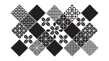 Eclectic black and white pattern set showcasing hand-drawn swirls, fish scale textures, and checkered grids within diamond tiles for creative scrapbooking and boho textile backgrounds. © NaeemurRahman