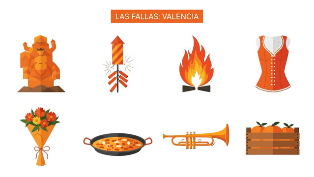 Flat vector icons illustrating elements of Las Fallas in Valencia Spain