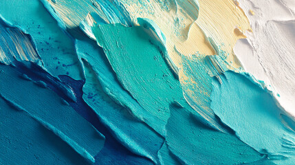 A close-up view of a textured abstract painting with shades of blue and white colors blended together