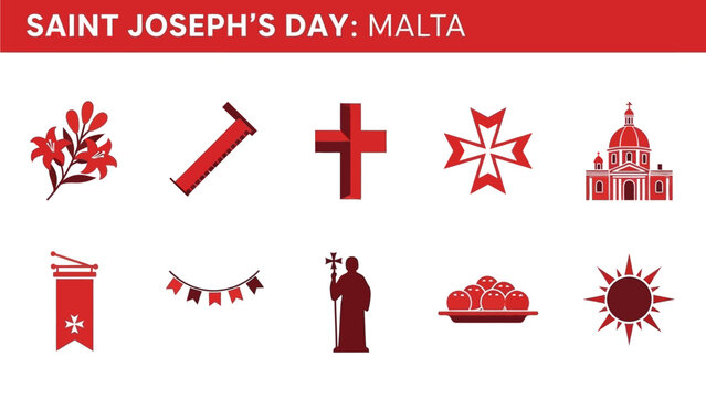 Red icons related to Saint Josephs Day traditions in Malta on a white background