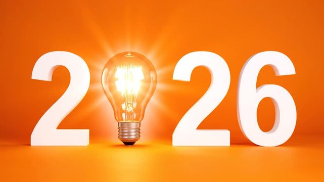 White numbers "2026" flank a glowing lightbulb on an orange backdrop, symbolizing innovation
