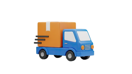 3D Illustration of a Blue Delivery Truck Carrying an Orange Package