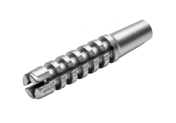 Closeup studio shot of a single metal concrete anchor or wall plug with ribbed expansion segments, isolated on transparent background