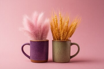 Two mugs with wheat and pink grass on pink background