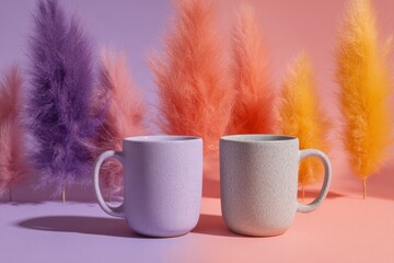 Two textured mugs with colorful pampas grass cups purple