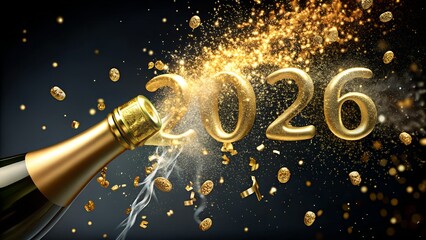champagne bottle popping with flying confetti