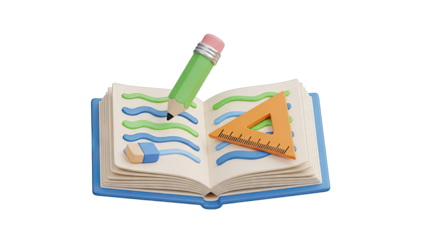 3D Illustration of Stationery Items on an Open Book
