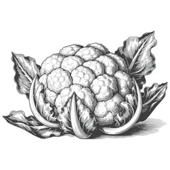 A detailed engraving of a fresh cauliflower with leafy greens