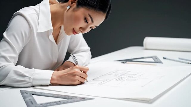 Focused designer sketches architectural plans with drafting tools