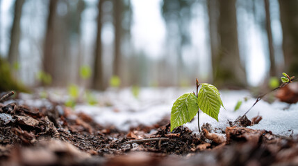 A small green plant grows through the snow and fallen leaves in a forest with tall trees in the background on a gloomy day