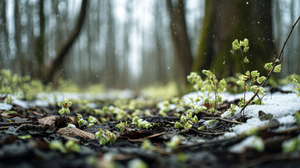 New green shoots emerge from the forest floor amidst fallen leaves and melting snow in a serene woodland scene