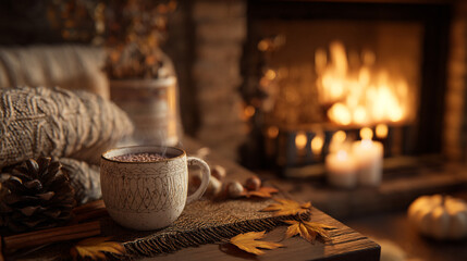 A cozy autumn scene with a cup of hot beverage on a wooden table in front of a crackling fireplace with warm lighting and fall decorations