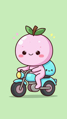 A cute cartoon illustration of a fun pink baby dragon riding a vintage toy scooter like a young kid cyclist enjoying a high speed travel transport sport