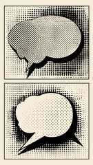 Set of black and white speech bubble vector icons featuring halftone patterns and cloud shapes for web chat communication design elements