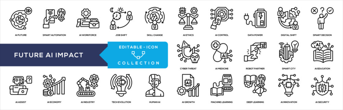 Future AI Impact Line Icon Collection. Containing smart automation, ai workforce, job shift, skill change, ai ethics, ai control, data power, digital shift, smart decision