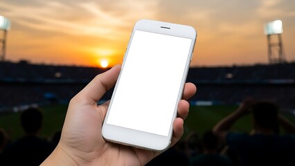 A hand holding a white smartphone with a blurred stadium background at sunset