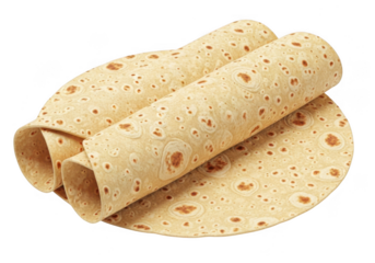 Two soft wheat flour tortillas rolled up and stacked on a third flat tortilla, isolated on transparent background