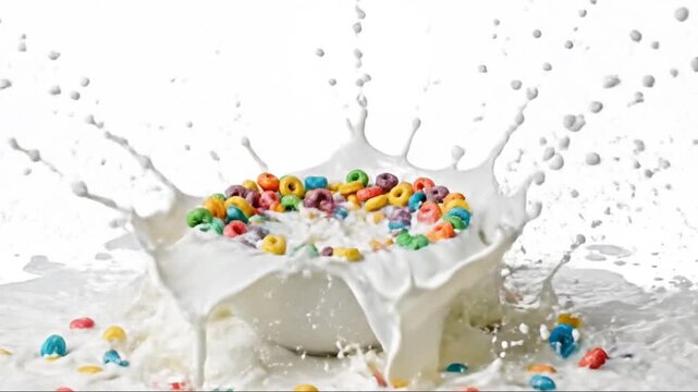 Colorful cereal bowl clatter splash in milk with vibrant floating cereal beads