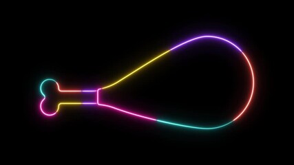 Neon Glowing Chicken Leg Outline Animation with Colorful Light Trails on Black Background, Fried Drumstick Food Icon, Vibrant Digital Glow Loop for Fast Food, Restaurant Branding, and Modern