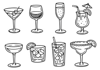 Obraz premium Hand drawn line art alcoholic drinks set featuring various cocktails and beverage glasses for bar menu and celebration designs
