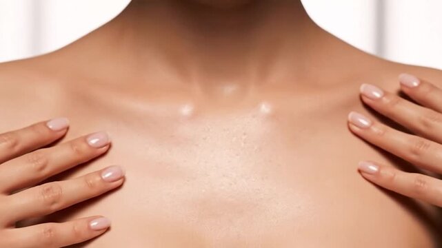 Close-up of a person's upper chest and hands, gently touching, with manicured nails