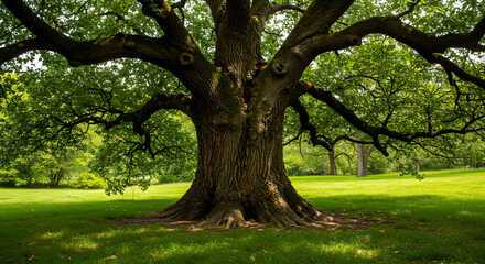 Fototapeta premium Majestic ancient tree with a broad canopy providing shade in a vibrant green park on a sunny day, symbolizing growth, strength, and the beauty of nature