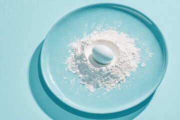 A blue egg resting in a pile of powdered sugar on a plate