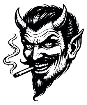 Retro line art illustration of a menacing devil depicting smoking for a vintage aesthetic