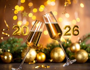 Gold adorned champagne glasses celebrating New Year's Eve for 2026, with festive decorations